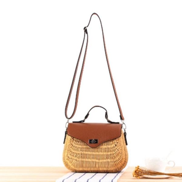 

women's leather strap shoulder messenger bag handmade fashion natural woven rattan bag beach straw