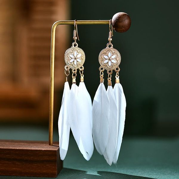 

boho long feather tassel earrings women's round pendant ethnic style fashion earrings creative exaggerated jewelry for women, Silver