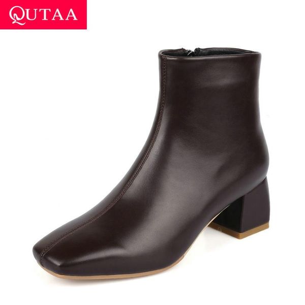

qutaa 2021 square toe autumn winter ankle boots flock pu leather concise women shoes square heel zipper short boots size 34-43, Black