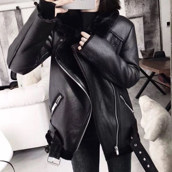 

2021 new winter coats women thick faux sheepskin coat female fur leather aviator jacket casaco feminino us6q, Black