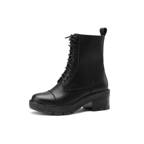 

2020 new genuine leather ladies boots round toe side zipper thick heels pumps shoes for women fashion party shoes woman, Black