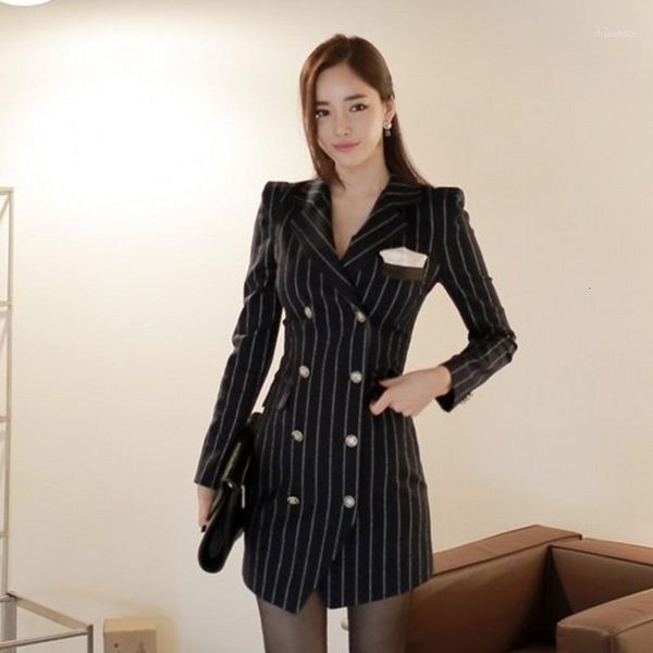 

suit jacket 2020 new professional temperament slim suit collar woolen stripes double-breasted jackets female office blazers1, White;black