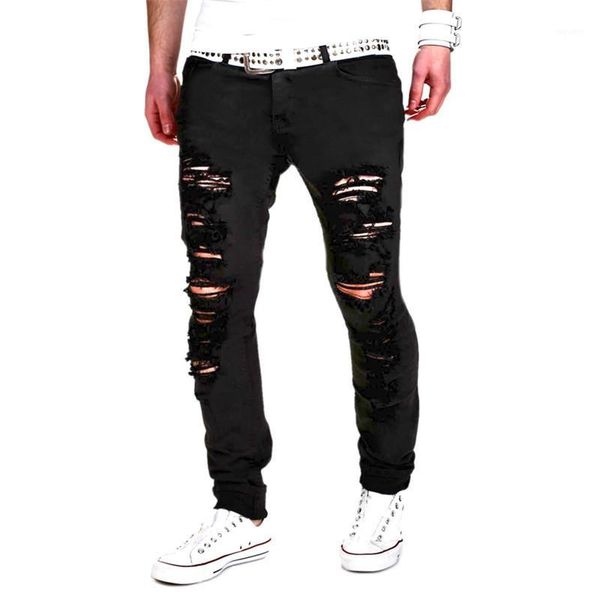 

heflashor fashion men black skinny slim jeans distressed ripped destroyed holes denim pants 2018 summer hiphop casual pants1, Blue