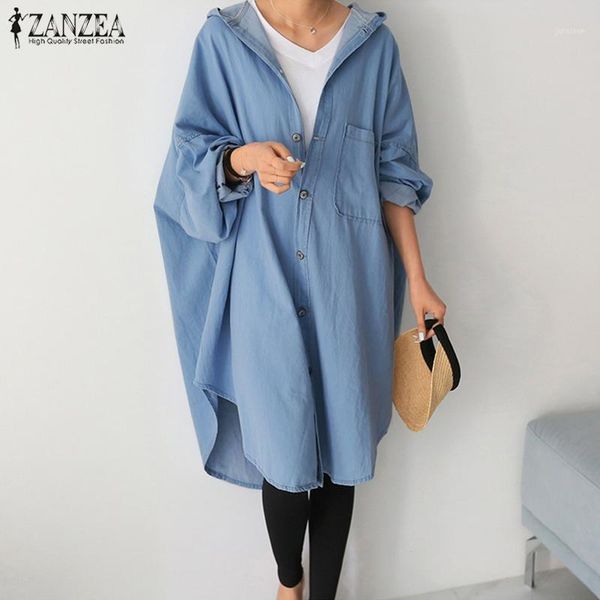 

fashion denim blue coats women's asymmetrical outwear 2020 zanzea cardigans sleeve button jackets female hooded jean, Black;brown
