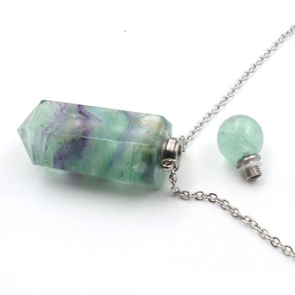 

women necklace perfume bottle pendant natural rainbow fluorite stone hexagon point bead essential oil diffuser chains n jllwon, Black