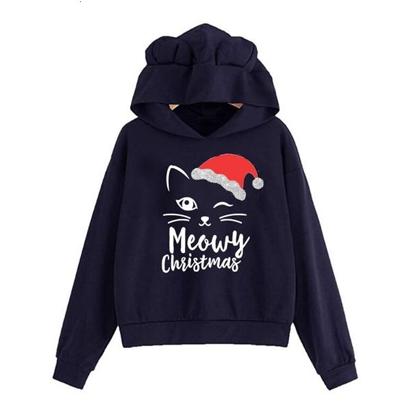 

new women's autumn christmas cat print ear sweater for women's hoodie, Black