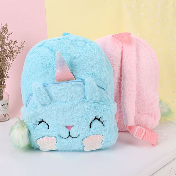 

unicorns cartoon school book bag girl women fur shell backpack kindergarten cute travel children schoolbag kids gift book bag y0125