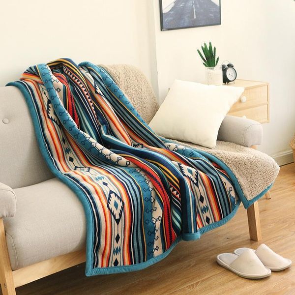 

promotion sj super soft retro flannel wool sherpa bohemian couch blanket throw sofa portable car travel blanket1