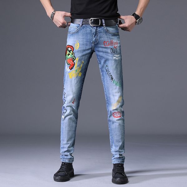 

модные модные вышитые джинсы мужские и вышитые новые печатные тонкий подходят эластичные ноги штаны модные джинсы брюки wydhf, Blue