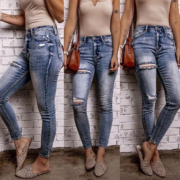 

women's jeans women denim ropped hole skinny pencil pants vintage trousers, Blue