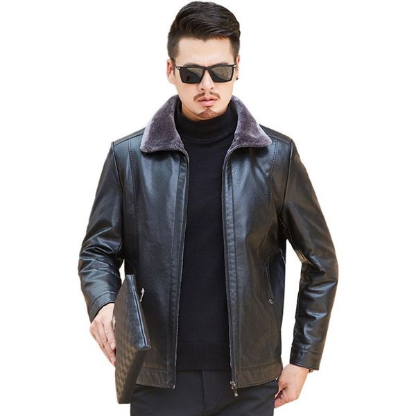 

aksr new men's leather jacket winter plus fat size leather jacket plus velvet fur lapel turn-down collar middle-aged coat 201014, Black
