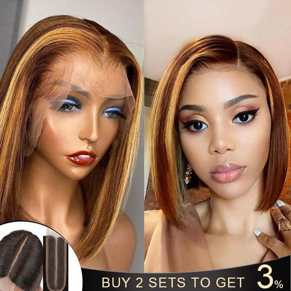 

lace wigs ombre highlight wig 2*6 deep parting front straight bob honey blonde short remy wig150%, Black;brown