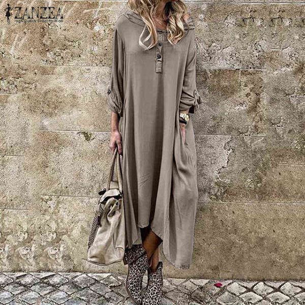 

women's autumn hooded sundress 2021 zanzea kaftan solid shirt dress casual midi vestidos female button solid robe oversized g1223, Black;gray