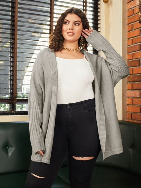 

plus batwing sleeve hooded open front cardigan h4zn#, Black