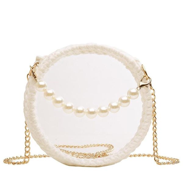 

women round chain shoulder bag fashion hand woven knit transparent pvc clear pack pearl crossbody messenger bags handbag tote