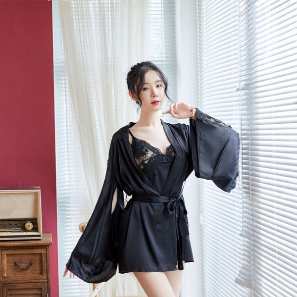 

lace women's underwear suspender pajamas allure home nightdrs long sleeve three piece set, Black;white