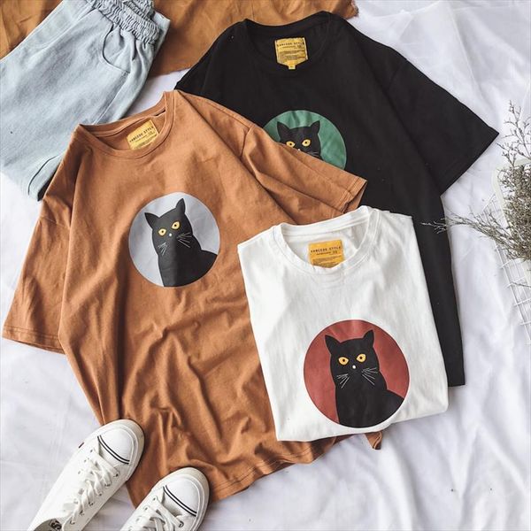

cat cartoon cotton cute short sleeved t shirt female summer fashion bf couple large size  3xl casual new t shirt, White
