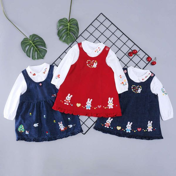 

miki strap skirt cartoon embroidery girl love rabbit denim drs, Red;yellow