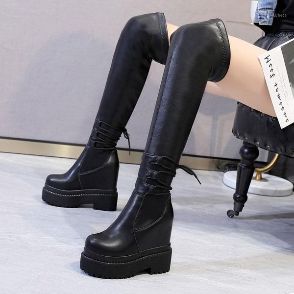 

boots winter fashion slim height increasing platform plush cross-tied genuine leather women over-the-knee long 202112011, Black