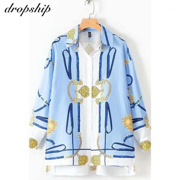

turn down collar long sleeve chiffon chain print women shirts button open 2020 loose summer elegant female blouse blue1, White