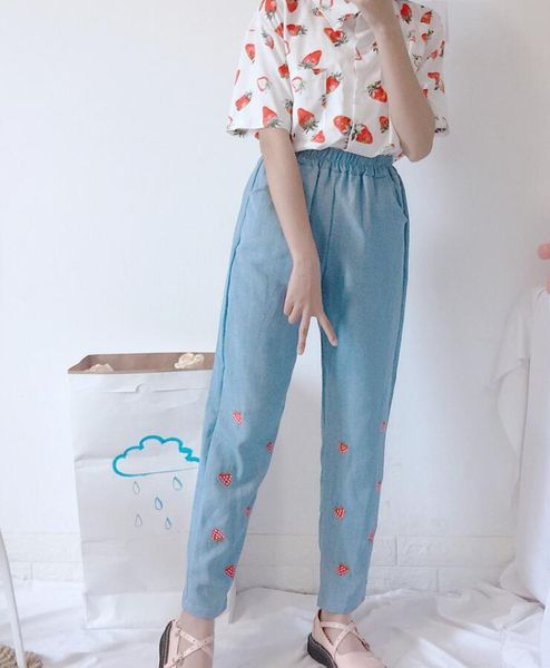 

summer women cute strawberry embroidery jeans 1017, Blue
