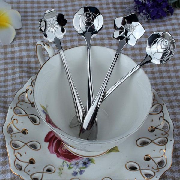 

5pcs set tableware flower shape sugar stainless steel sunflower tea coffee spoon teaspoons ice flatware kitchen tool h jllvcf