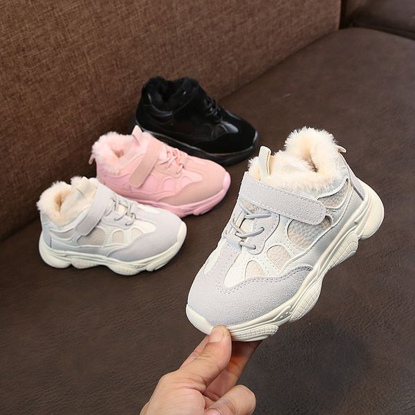 

2019 children's winter cotton boys new sneakers baby toddler girls running leather plus velvet warm kids sport shoes, Black;red