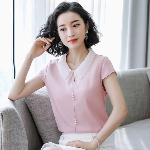 

женщины весна лето стиль блузки рубашки lady casual с коротким рукавом питер пэн воротник синий розовый blusas tops df2707, White