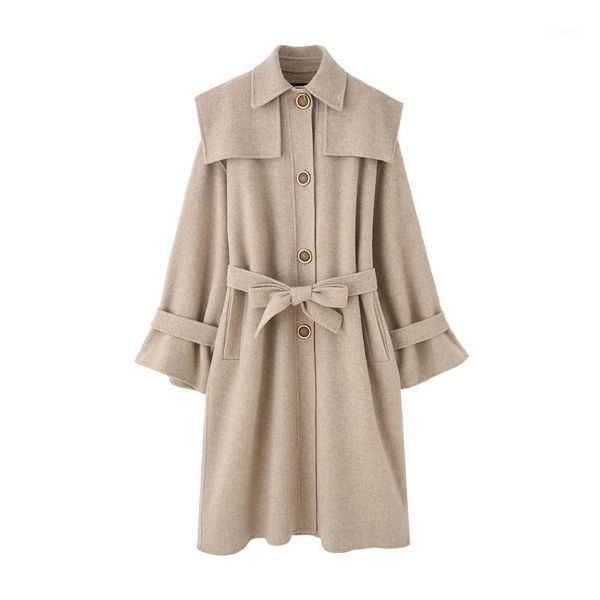 

elegant female long casual solid color jacket turn-down collar loose oversize thick woolen trench coat winter women1, Black