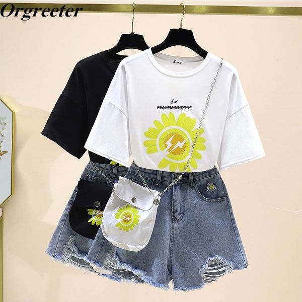 2020 verão quente moda 2 peça conjunto mulheres flor impressão solta camisetas e margarida bordado denim shorts ternos com saco livre t200701