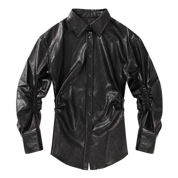 

seebeautiful pleated irregular loose pu jacket coat lapel long sleeve single breasted new fashion 2021 spring winter women m7301, Black;brown