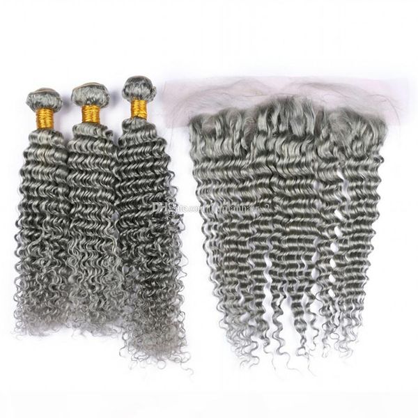 

deep wave sliver gray ear to ear 13x4 lace frontal closure with 3bundles 4pcs lot virgin gray human hair weaves with frontal5585304, Black;brown