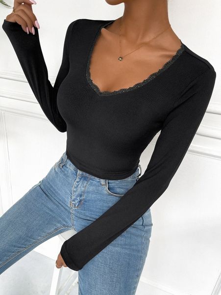 

lace detail crop ribbed knit tee z1ve#, White