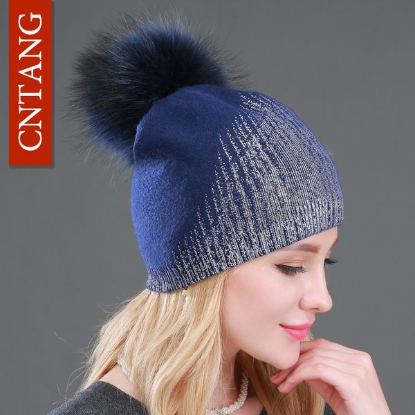 

new winter beanies ladies knitted wool warm hats fashion pom pom real raccoon fur caps skullies hat for women print fur cap 201012, Blue;gray