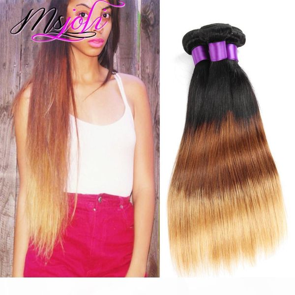 

indian virgin hair weave 9a ombre color three tone straight human unprocessed hair extension weft three pcs t1b-4-27, Black