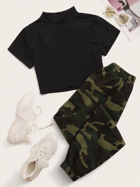 

mock neck cropped tee & camo print joggers set t4td#, White