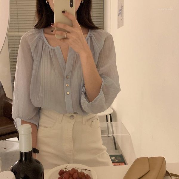 

women's blouses & shirts women sweet 2021 summer korean style lantern sleeve loose v-neck sunscreen cardigan shirt femme blusas1, White