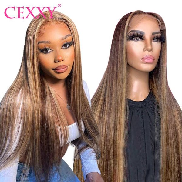 

lace wigs cexxy highlight ombre human hair 8-26 inches brazilian remy 4*4 closure #4/27, Black;brown