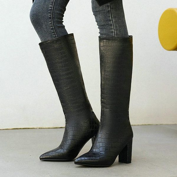 

brand design faux leather women knee high boots fashion pointed toe square heel women boots stone pattern shoes1, Black