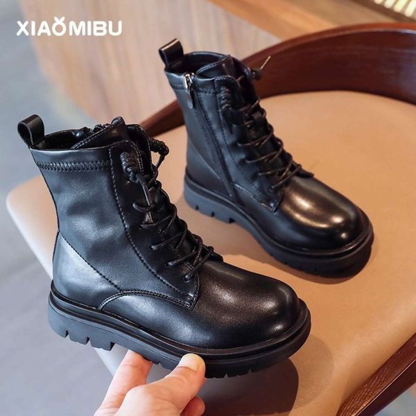 

2020 winter leather new children's antiskid warm middle girls' british plush baby boots, Black;red