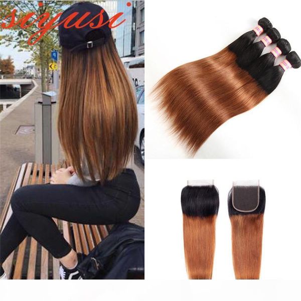 

ombre brazilian straight hair bundles with closure 1b 27 1b 30 two tone ombre human hair weave 3 bundles with 4*4 lace closure, Black;brown