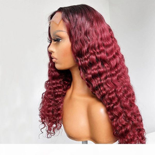 

ombre wine color brazilian hair wig 13x4 lace part wig kinky curly for black women with baby hair large cap size, Black;brown