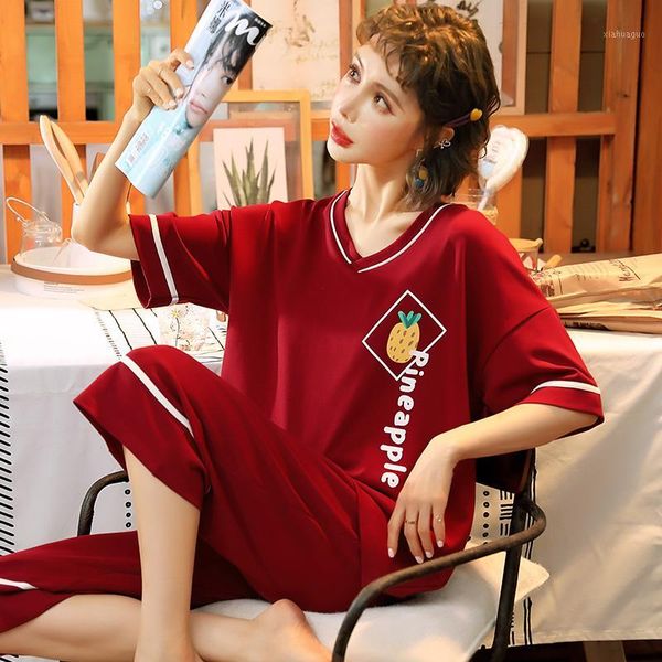 

summer sleep lounge pajama short sleeve + pant woman pajama set red pyjamas cotton sleepwear women plus size -5xl1, Black;red