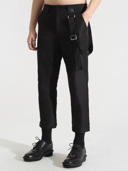 

trendy male british spring personality ribbon stitching black nine points trousers men's casual feet pants1