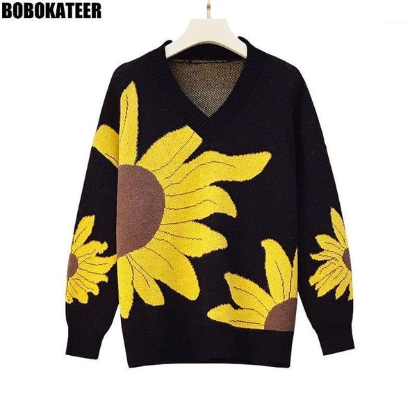 

oversize sweater women knitted pullover floral v neck winter clothing womens sweaters plus size loose black jumper fall 20201, White;black