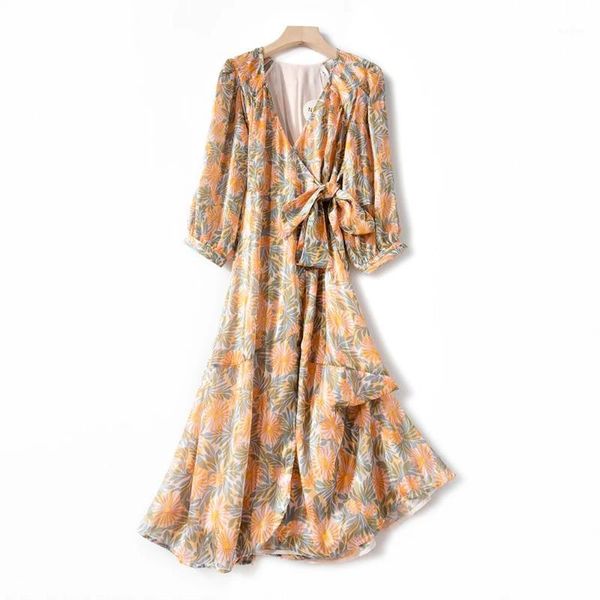 

silk gold thread print v-neck women dress high waist lace-up one-piece wrap dress elegant temperament lady midi 2020 new1, Black;gray