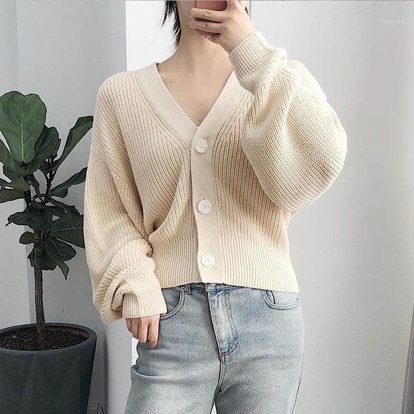 

2020 autumn women knitted sweater coat v-neck single-breasted cardigan batwing sleeve knitwear outwear, White