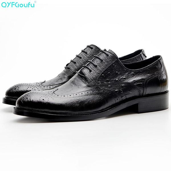 

qyfcioufu страус шаблон подлинная кожа коровы башмаки обуви мужчины высокого качества oxfords платье обувь черный коричневый шнуровка ретро, Black