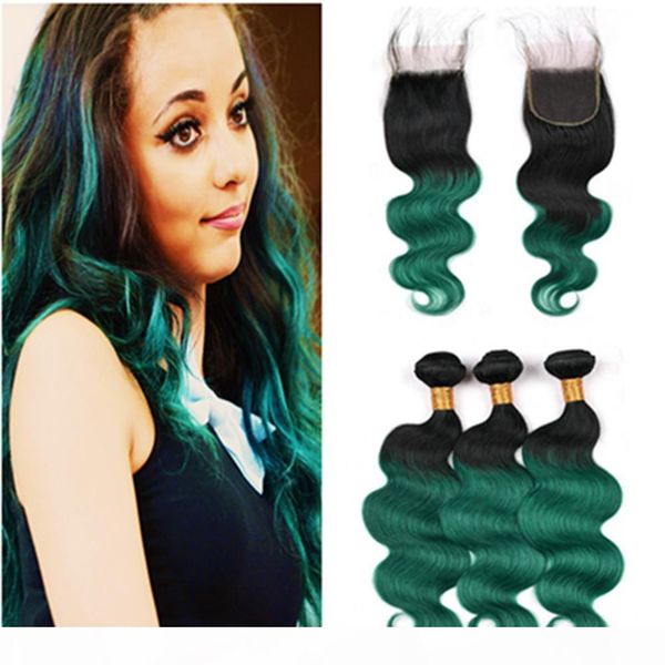 

#1b green dark root ombre malaysian virign hair bundles with closure body wave green ombre human hair weaves with 4x4 lace closure piece, Black