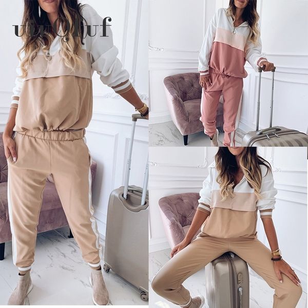 

ankle length pants casual women' s sports suit female tracksuit autumn winter sportswear spliced hoodies sweatshirt 201110, White